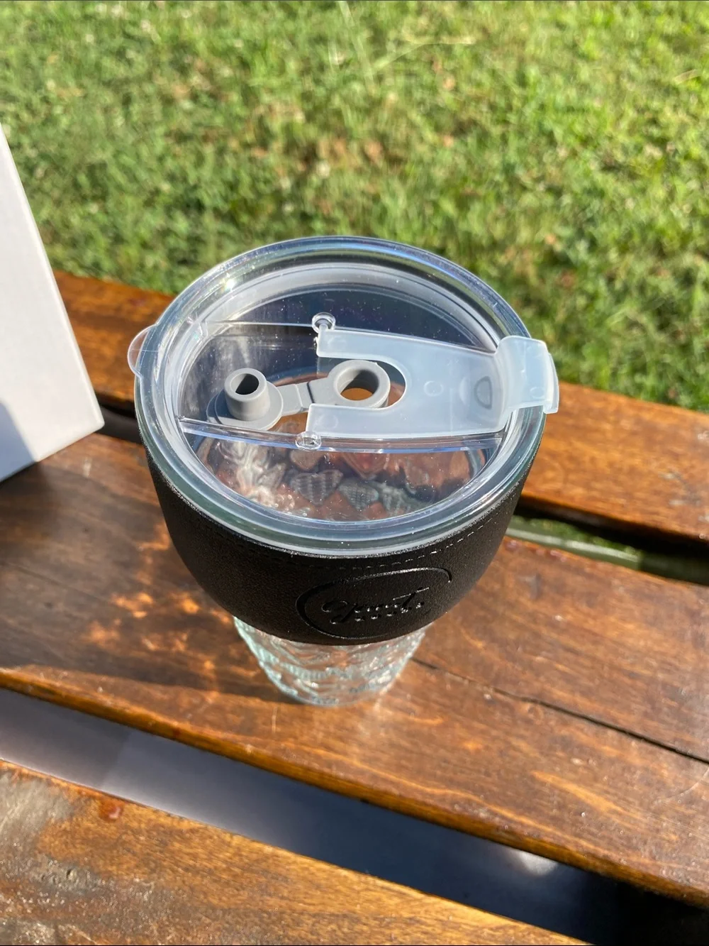 Giant Goods Heart-Embossed Glass Travel Tumbler Faux-Leather Insulating Sleeve